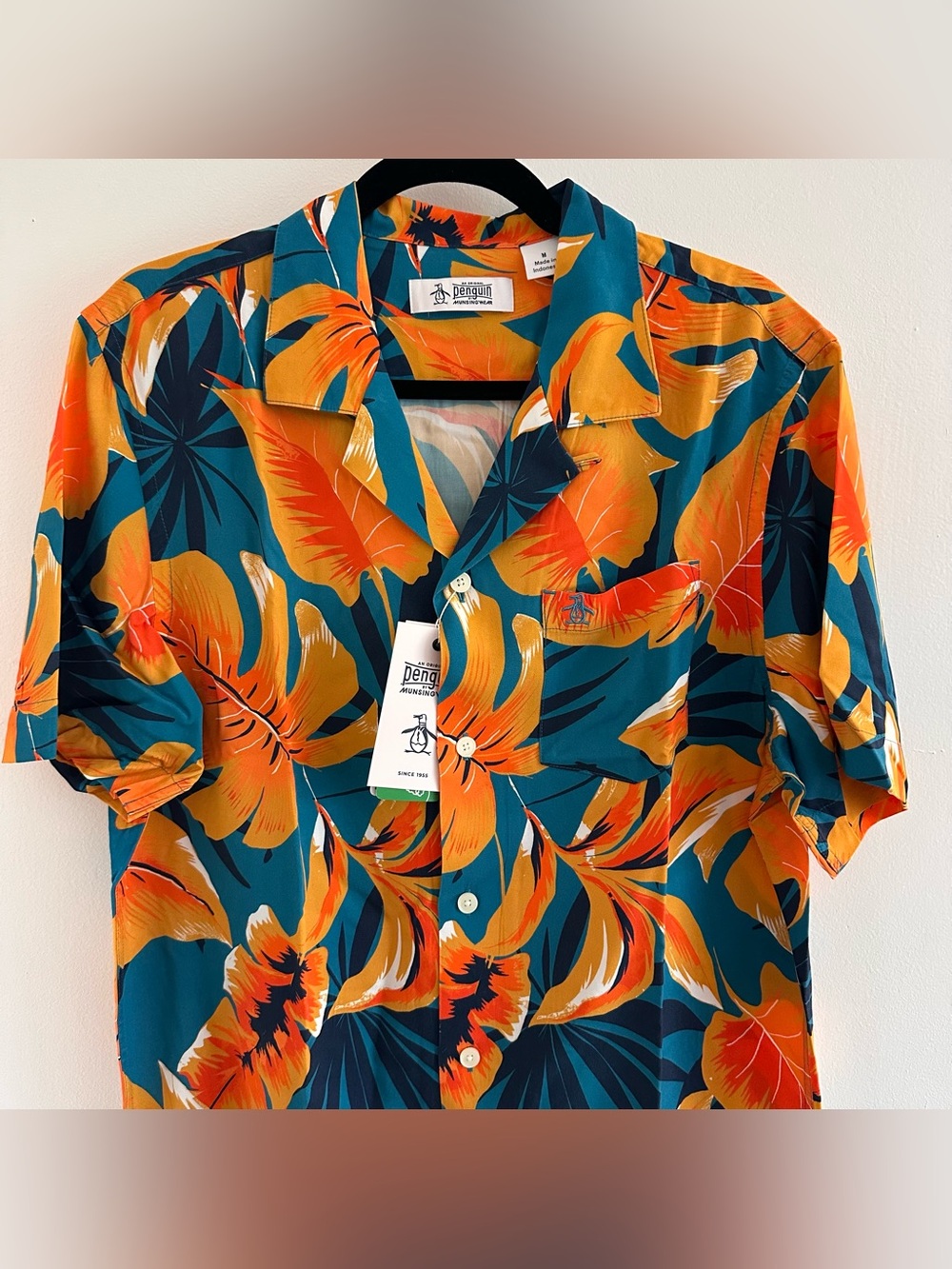 Original Penguin Men's EcoVero Tropical Leaf Print Shirt Orange Blue Medium NEW